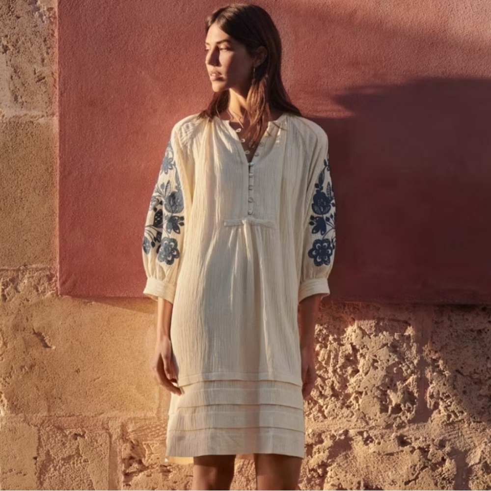 Wrap London Embroidered Crinkle Cotton Linen Mini Dress Puff Sleeve Coastal Boho